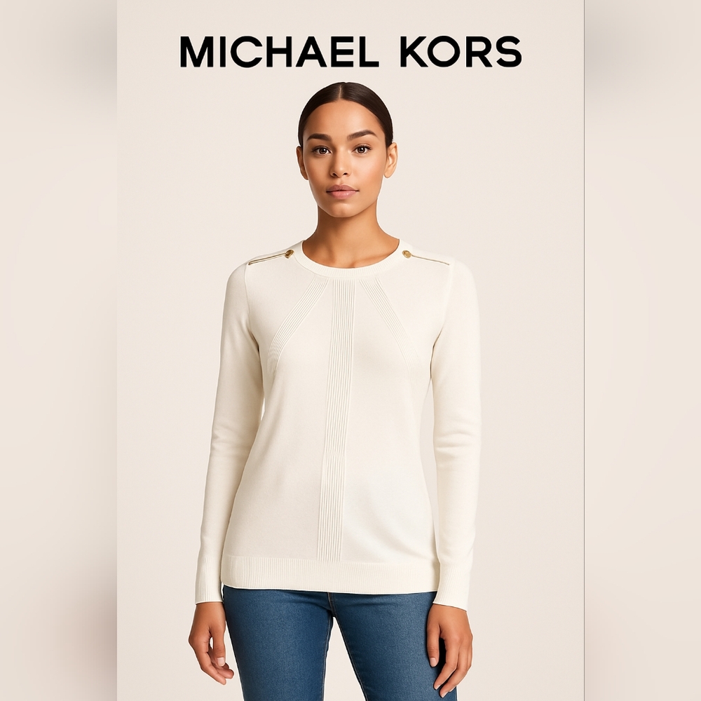 Michael Kors Cream and Gold Long Sleeve Crewneck Sweater Size Small